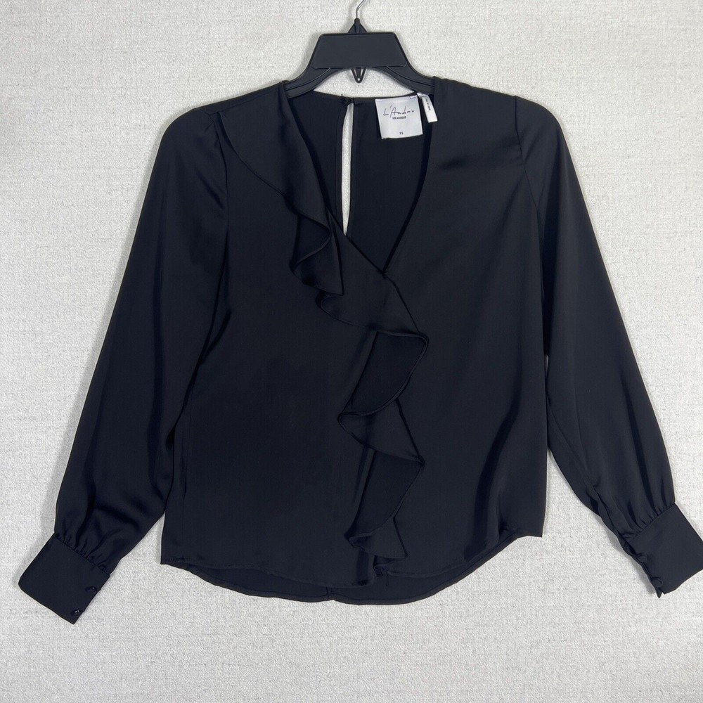 L'Acadamie Black Ruffle Front Top Womens XS Sheer Long Sleeve
